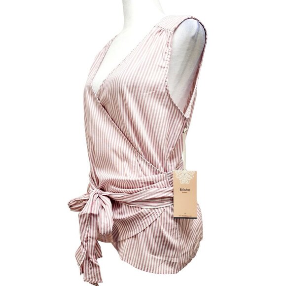 Striped V-Neck Wrap Sleeveless Blouse Tie Waist By Blåshe Size Large Pink - Picture 10 of 11
